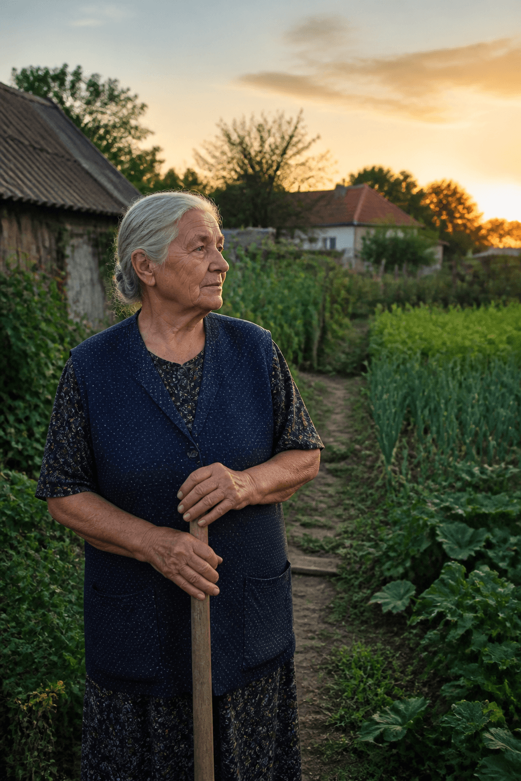 Ana Popescu în grădină, în lumina zilei